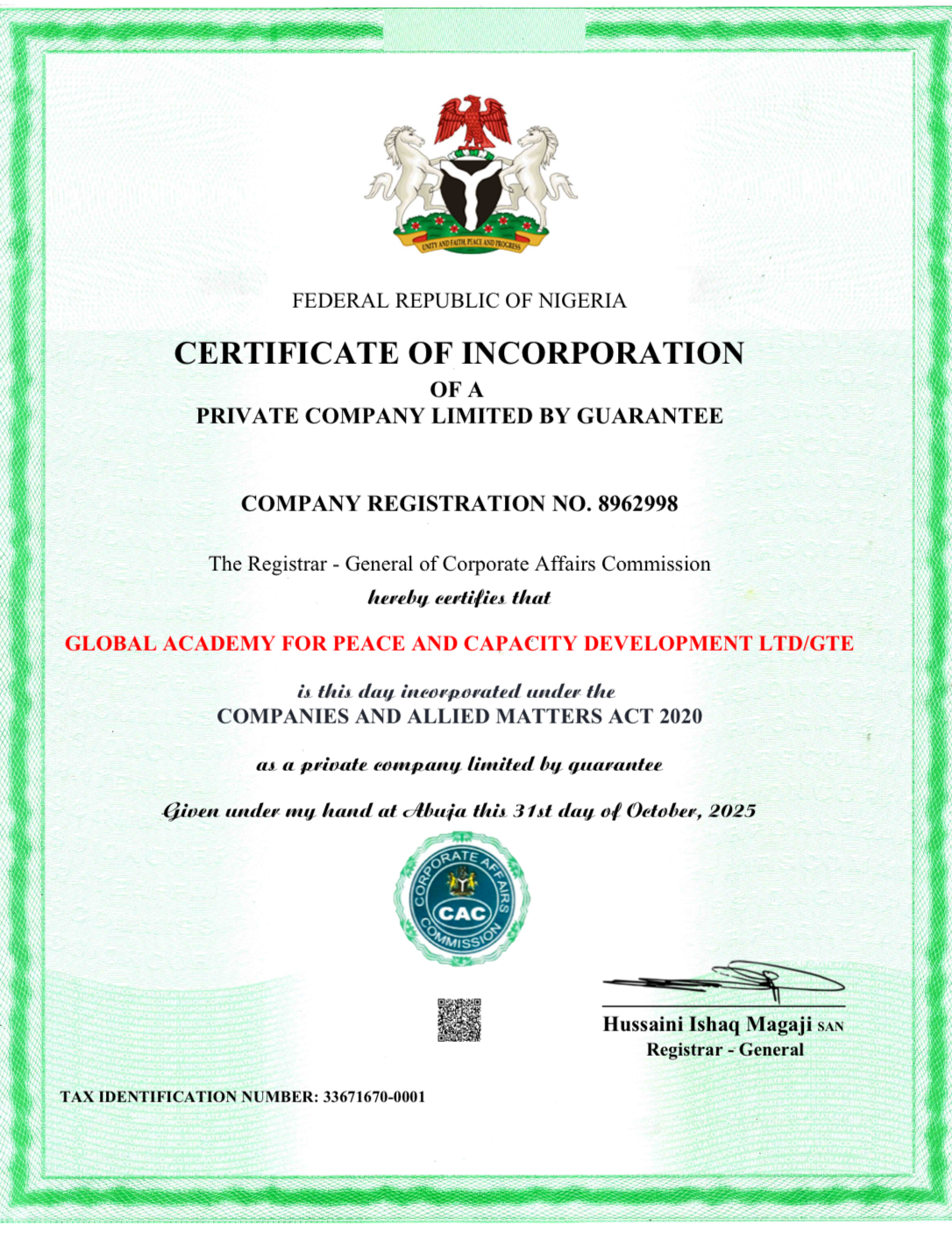 CAC Registration RC:8962998